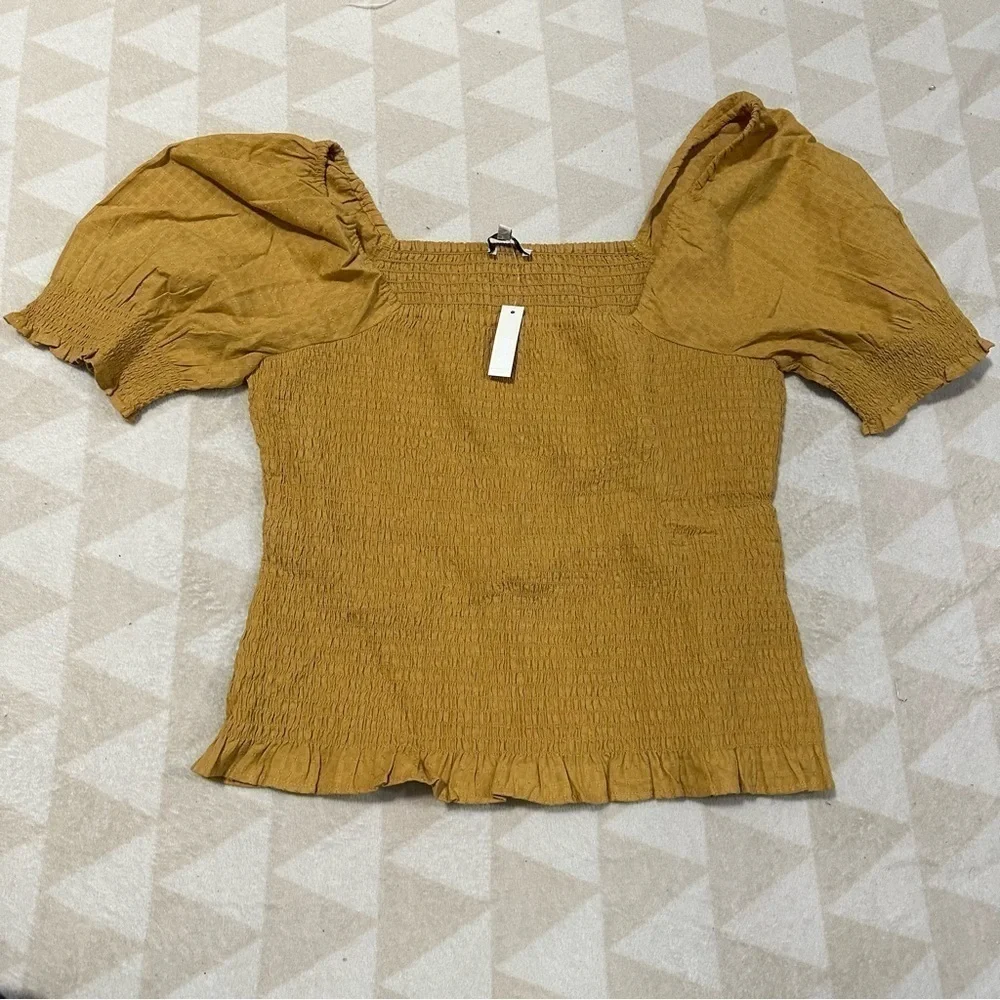 Madewell lucie puff sleeve smocked bodice top earthen gold